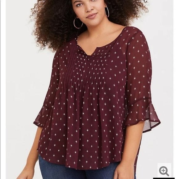 torrid Tops - Torrid Semi-Sheer Maroon Blouse Starburst Print Semi Sheer Plus Size 1X